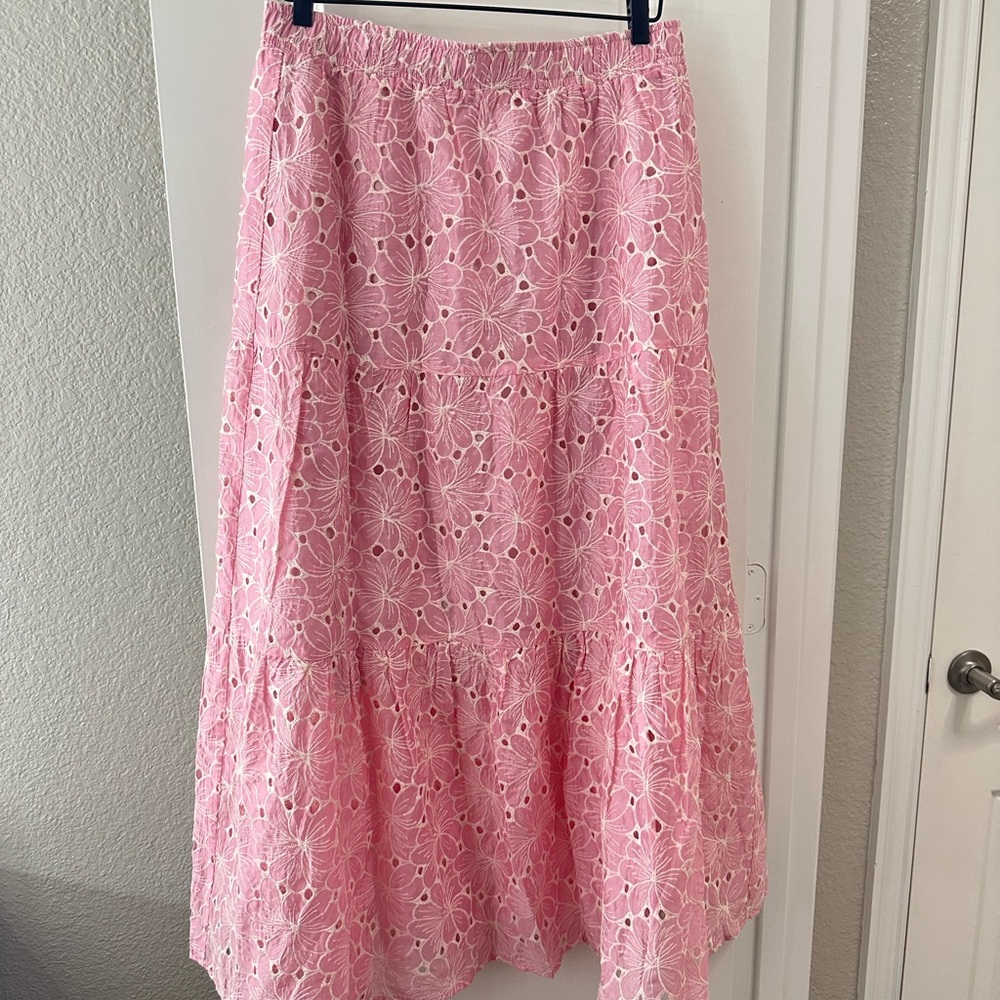 Pink Lily Floral Eyelet A-Line Skirt